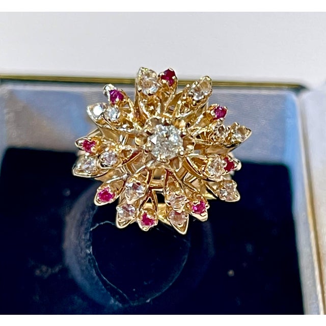 Natural Ruby and Diamond 14 Karat Yellow Gold Flower Cocktail Ring For Sale - Image 12 of 18