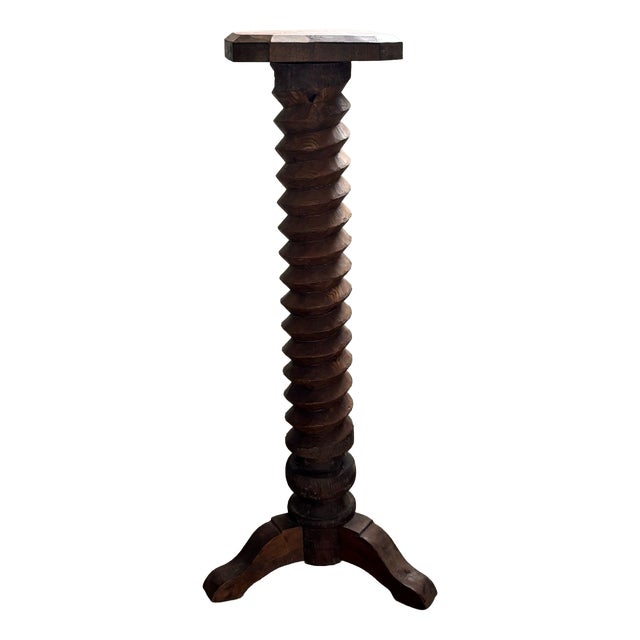 Brutalist Hand-Carved Wooden Pedestal, France, 1940s For Sale