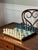 Chinese hand carved soapstone chess set in turquoise blue and creamy white with a two-sided, inlaid board housed in a foot...