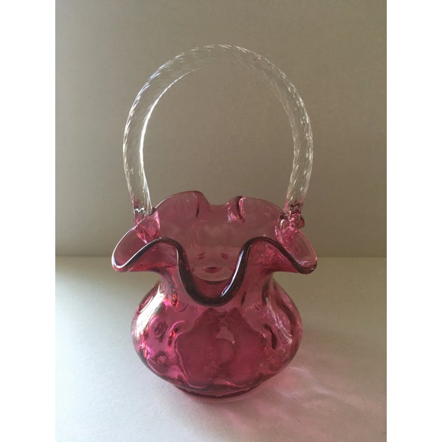 Glass Vintage Fenton Cranberry Inverted Coin Dot With Receded Clear Handle Glass Basket For Sale - Image 7 of 7