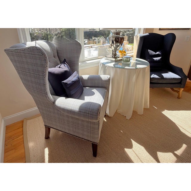 A Pair of Custom Blue Wingback Chairs Blue Herringbone by Mitchell Gold & Bob Williams / Navy Blue Linen by Restoration Hardware For Sale In New York - Image 6 of 18
