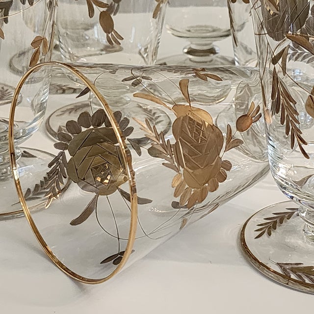 Metal 1960s 24k Gold Encrusted Crystal Iced Tea Footed Tumbler Barware Set - Set of 10 For Sale - Image 7 of 14
