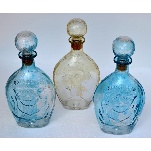 Mid-20th Century American Blown Glass Flasks Decanter Bottles Friendship Horn of Plenty Blue Amber - Set of 3 For Sale - Image 18 of 18