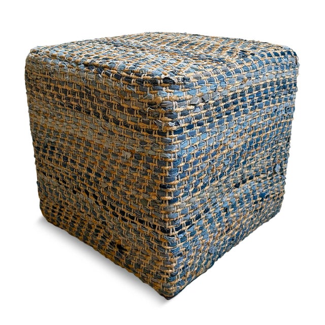 Cozy denim and jute hand woven cube pouf/ottoman. Each will be unique in exact natural coloring and qualities of recycled...