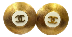 1990s Chanel Vintage Gold Plated CC White Disc Clip on Earrings, A Pair