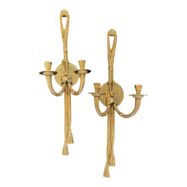 Mid 20th Century Grand Pair of Hollywood Regency Brass Tassel Wall Sconces For Sale
