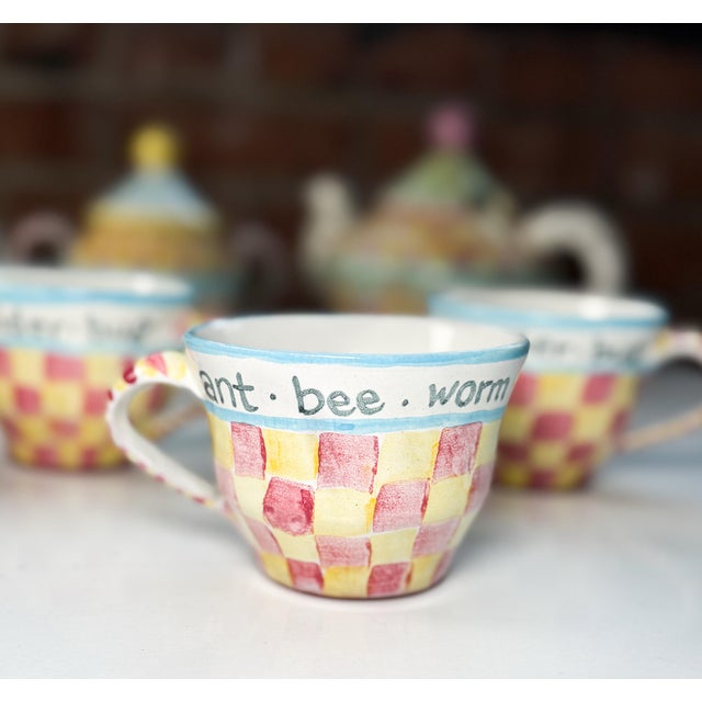 Traditional Hand Painted Vintage MacKenzie-Childs "Childrens Sampler" Tea Cups | Set of 4 For Sale - Image 3 of 5