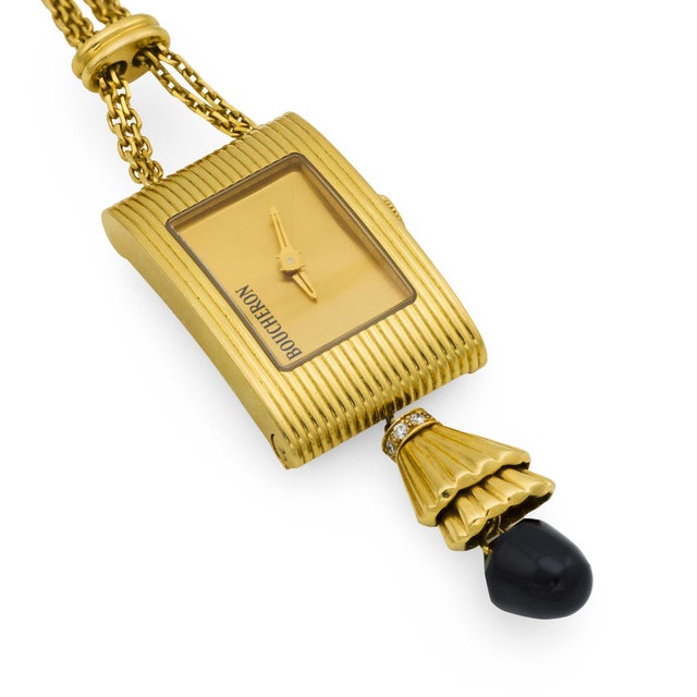 1970s Boucheron Diamond Onyx 18k Yellow Gold Chatelaine Watch Necklace For Sale In Los Angeles - Image 6 of 8