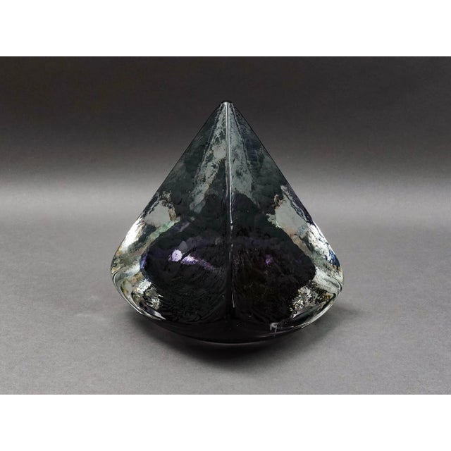 Andrew Shea 1993 Signed Amethyst Large Art Glass Pyramid Sculpture. Measures approximately 6 1/4" long, 6 1/4" wide, 7" high.