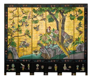 Vintage Chinese Six-Panel Screen with Painted Birds, Flowers, and Gold Detailing
