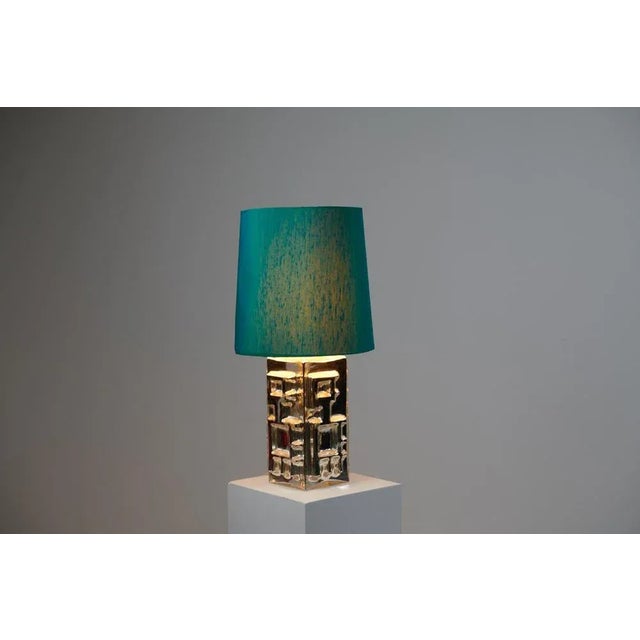 Vintage Swedish Modern Square Glass Table Lamp with Original Green Shade, 1960s For Sale - Image 3 of 7