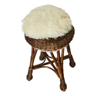 Vintage Wicker Stool With Lambskin Pillow For Sale
