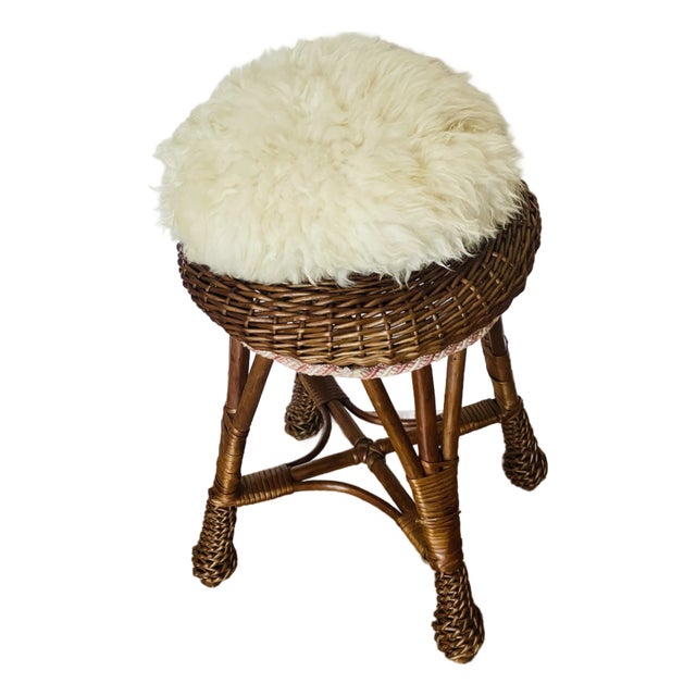 Vintage Wicker Stool With Lambskin Pillow For Sale
