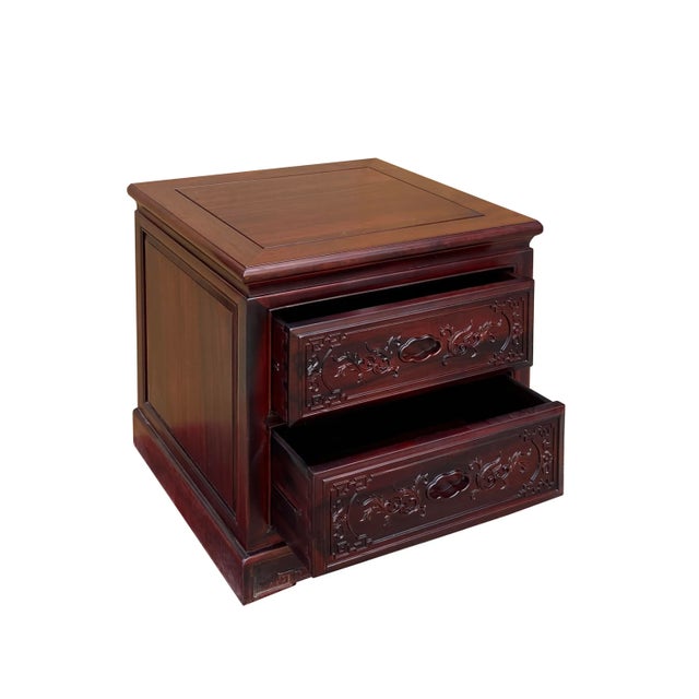 Wood Chinese Oriental Solid Wood Flowers Motif End Table Nightstand For Sale - Image 7 of 8