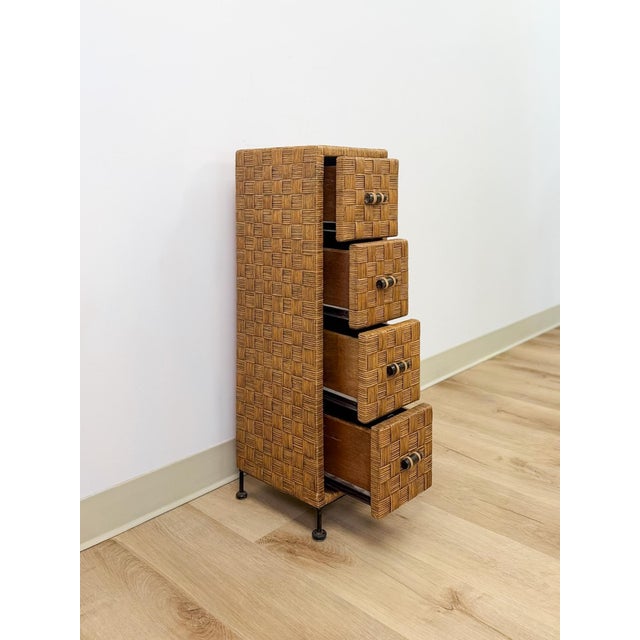 Wicker Parquetry Apothecary Narrow Four Drawer Chest Metal Base Coastal For Sale - Image 9 of 10