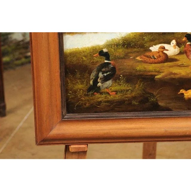 Wood 1850s French Oil on Panel Baryard Painting with Ducks and Vibrant Colors For Sale - Image 7 of 12