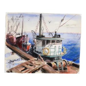 Bonnie Bill - Tugboat at the Dock in Boston - Seascape in Watercolor on Paper by Claire Weist