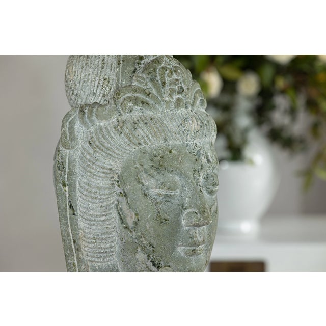 Hand-Carved Vintage Chinese Stone Quán Yīn Head Sculpture with Natural Patina For Sale - Image 12 of 12