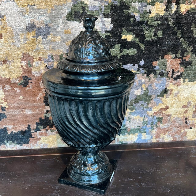 Italian Hand Painted Black Ceramic Urn With Lid For Sale - Image 13 of 13
