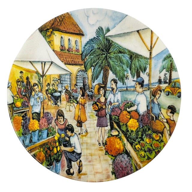 1980s Vintage Brunelli Designs Made in Italy Folk Art Market Scene Ceramic Salad Plates - Set of 6 For Sale - Image 15 of 18