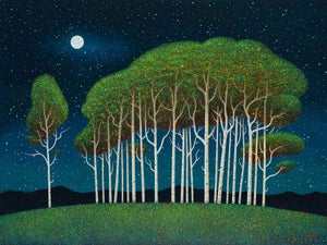 Emissary by Thane Gorek | Oil on canvas Night scene with trees under a starry sky.