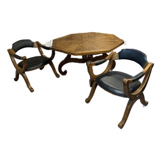 1960s Drexel Esperanto Walnut Octagonal Dining Table and Curule Chairs – 3 Pieces For Sale