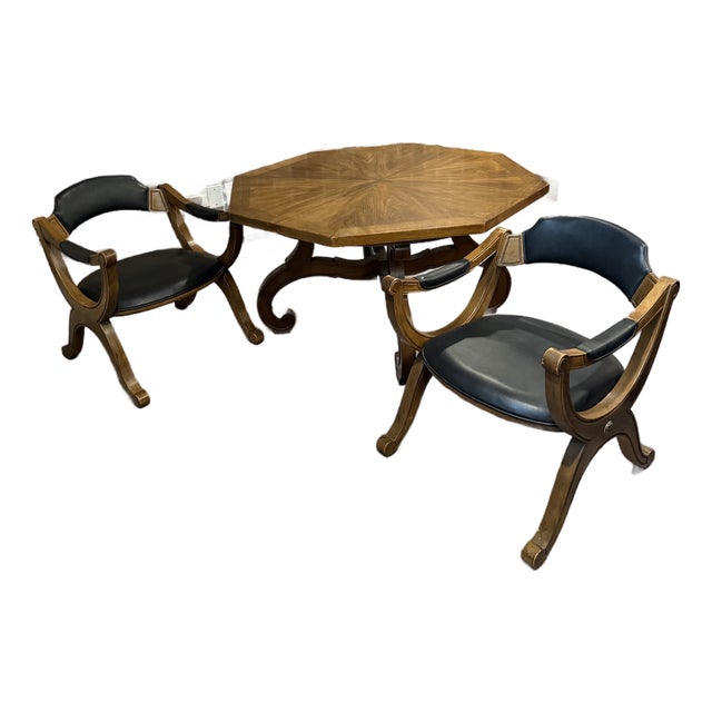 1960s Drexel Esperanto Walnut Octagonal Dining Table and Curule Chairs – 3 Pieces For Sale