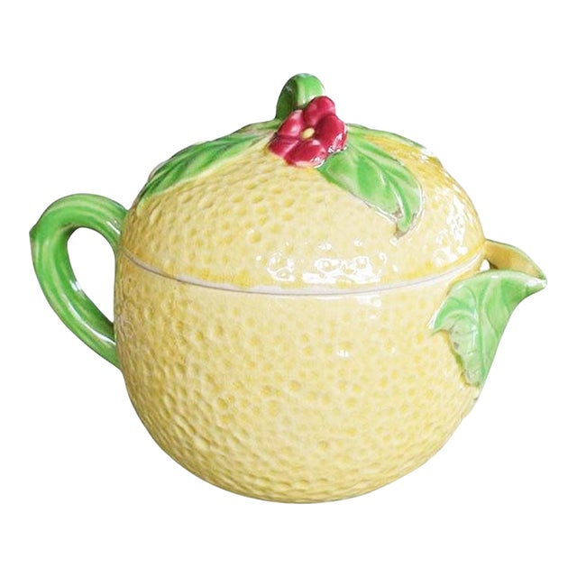 Mid Century Ceramic Lemon Pitcher With Juicer and Lid in Yellow and Green Japan For Sale