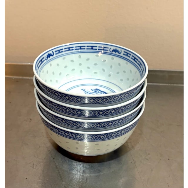 1930s Blue & White Chinese Porcelain Dragon Bowls Set of 4 For Sale - Image 4 of 5