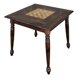 1980s Ethan Allen Old Tavern Antiqued Pine Rustic Traditional Flip Top Game Table With Chess & Backgammon Boards (12-9022) For Sale