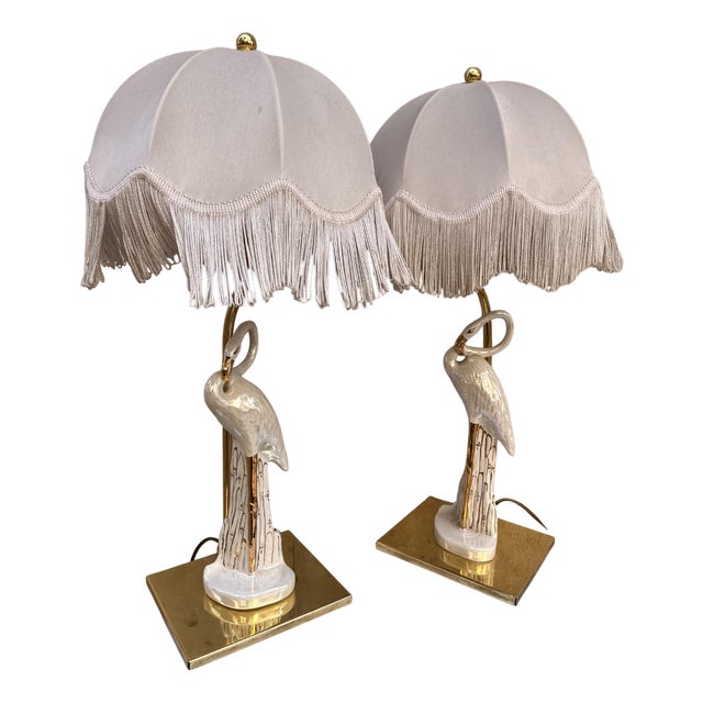 Vintage Ceramic and Brass Flamingo Lamps, 1970, Set of 2 For Sale