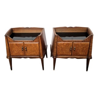 Mid-Century Art Deco Italian Nightstands in Walnut and Glass Top, 1950s, Set of 2 For Sale