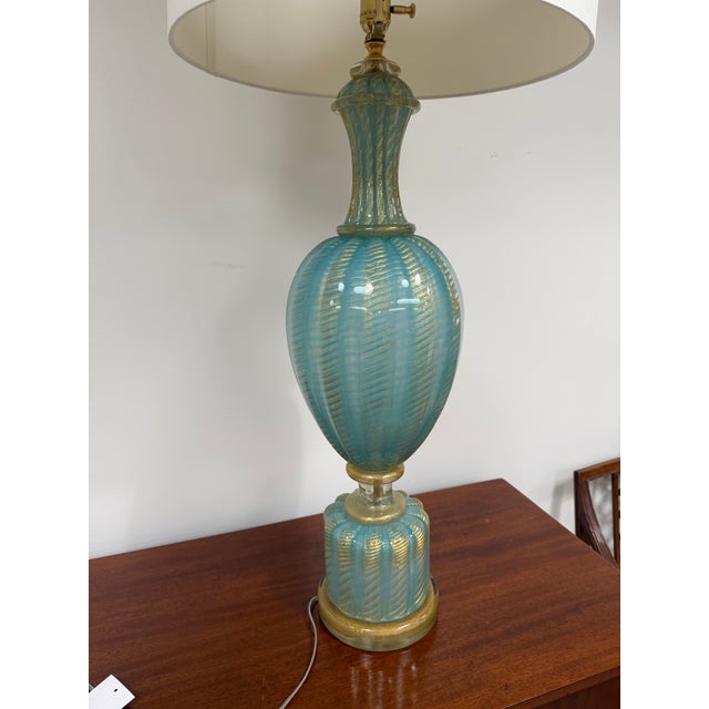 Glass Mid 20th Century Monumental Barovier & Toso Aqua With Gold Inclusions Murano Table Lamp For Sale - Image 7 of 9