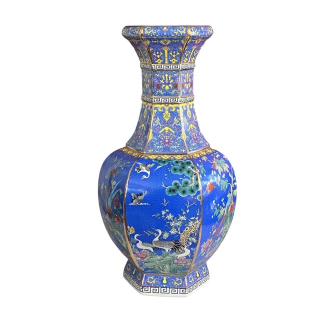 1980s Chinoiserie Famille Rose Style Hexagonal Shaped Vase 20.5" H For Sale - Image 5 of 10
