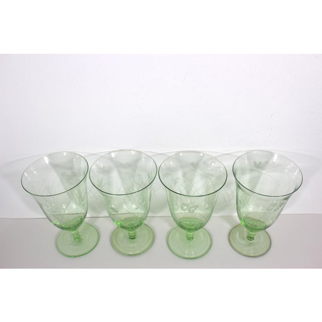 Etched Dragonfly Butterfly Mid 20th Century Spring Green Grass and Flowers Large Goblets- Set of 4 For Sale - Image 12 of 12