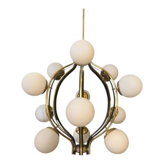 1950s Mid--Century Modern Brass and White Glass 12 Lights Chandelier by Stilnovo For Sale