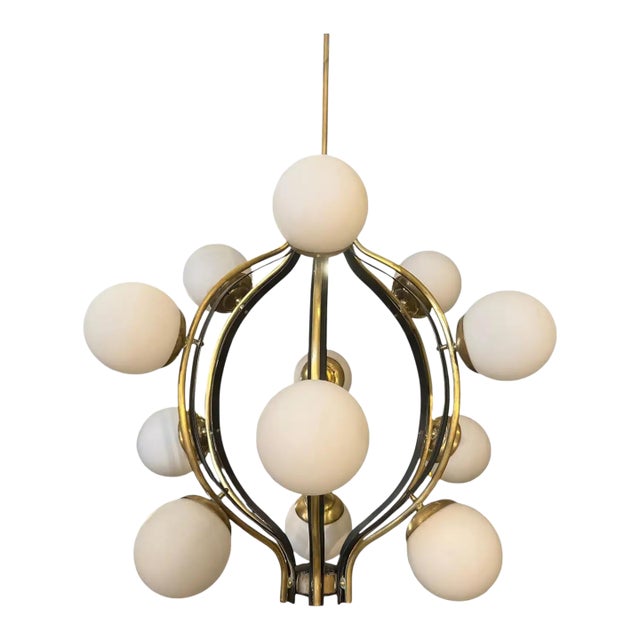 1950s Mid--Century Modern Brass and White Glass 12 Lights Chandelier by Stilnovo For Sale