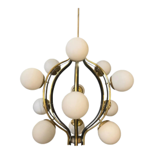 1950s Mid--Century Modern Brass and White Glass 12 Lights Chandelier by Stilnovo