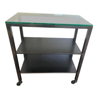 Vintage Industrial Steel Rolling Shelf Cart Glass Console For Sale