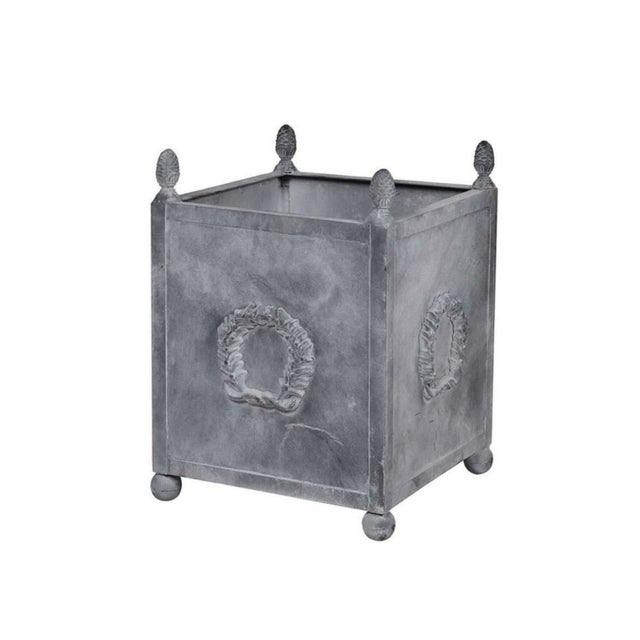 Pair of Neoclassical Metal Planters, Grey Patina, Wreath Motif For Sale - Image 4 of 7