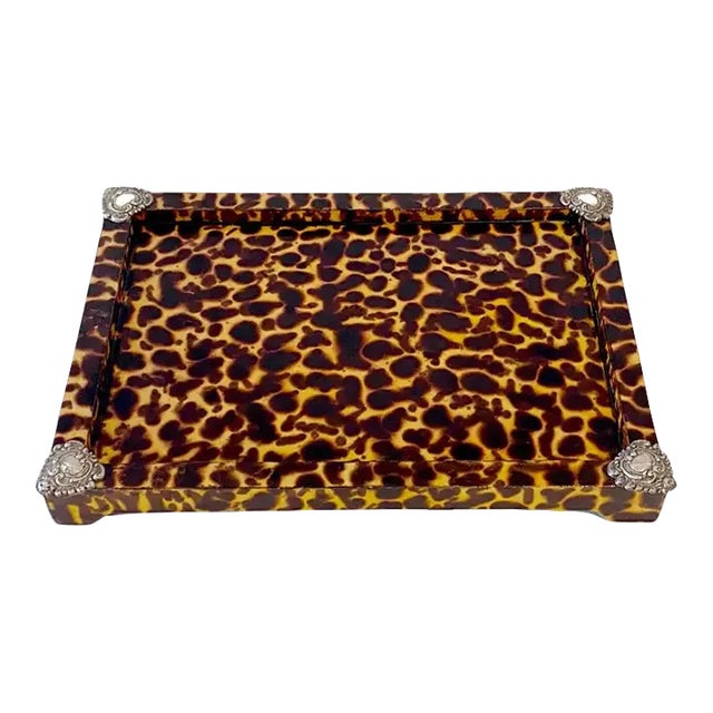 Late 20th Century Sheik Sterling Silver Mounted Faux Tortoise Shell Lacquered Tray For Sale