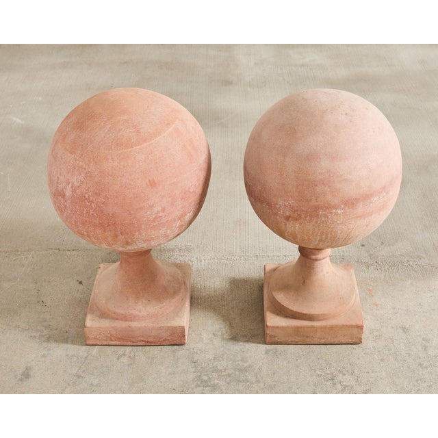 Pair of Tuscan Terracotta Garden Sphere Finials on Pedestals For Sale In Sacramento - Image 6 of 18
