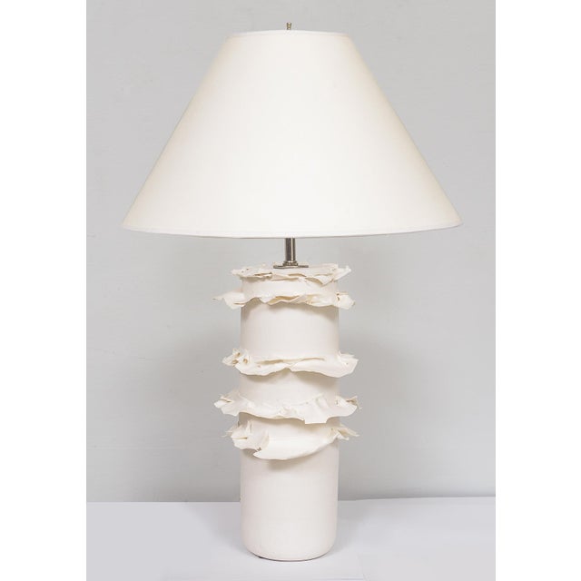 Pair of French Bespoke Ceramic Ruffle Lamps. Set of 2. Height 1 (from lamp base to finial): 26.25" Height 2 (from lamp...