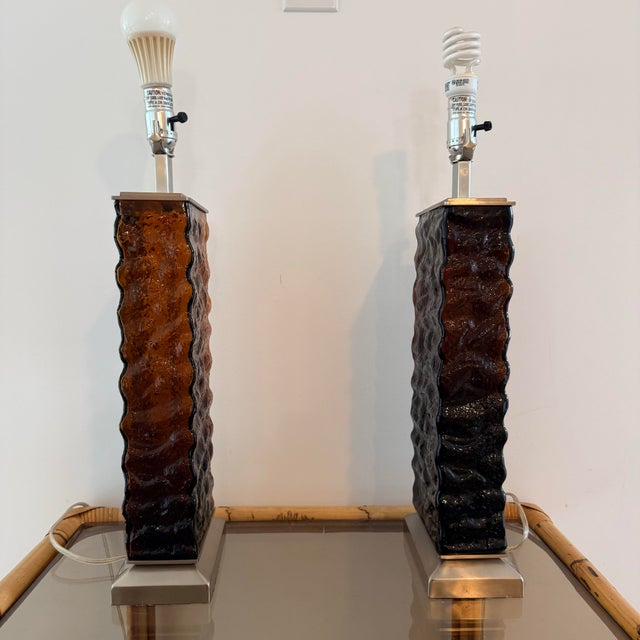 Glass Amber-Brown Textured Wavy Glass Table Lamps in the Mid-Century Modern Taste - A Pair For Sale - Image 7 of 9