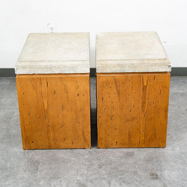 Wood Mid Century Modern Nightstand End Side Table Custom Stone Grey Top 1980 Drawers, 2 Pieces For Sale - Image 7 of 12