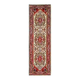 Fine Hand Knotted Ivory Serapi Design Runner For Sale