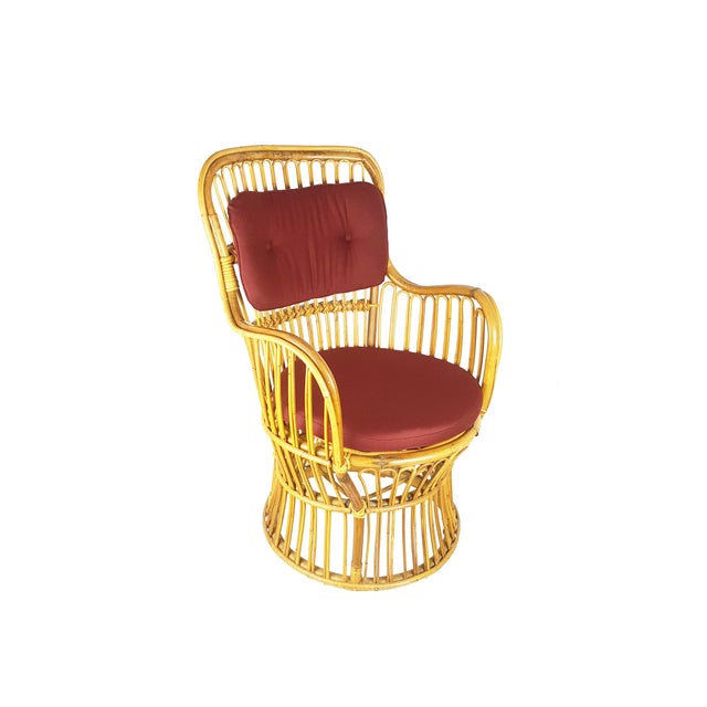 Mid-Century Italian Rattan Armchairs with Burgundy Wool Seats and Backs, 1960s, Set of 2 For Sale - Image 6 of 16