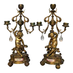 C1880 French Antique Louis XVI Gilt Bronze Figural Cherub/ Putti Candelabra a - Pair