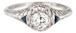 Vintage Art Deco Diamond Sapphire Ring 6.25 14k Gold Engagement Filigree Jewelry
