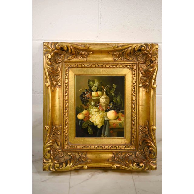 Mid 20th Century Vintage Still Life Oil on Board Grapes Peach Carafe Painting in Gilt Frame Signed For Sale - Image 5 of 12